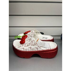Crocs Women’s Hello Kitty Stomp Slides White Red Shiny Soles Platforms Sz 10 US